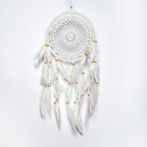 Ονειροπαγίδα λευκή πλεκτή χειροποίητη από ξύλο ύφασμα φτερά και χάντρες 22x65cm Τ 1323-1Dreamcatcher white knitted handmade from wood fabric feathers and beads T 1301-1