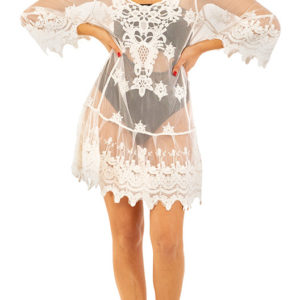 φόρεμα λεύκο κοντό διάφανο μέ δαντέλα  syllogi NT-1403white short transparent dress with lace syllogi NT-1403